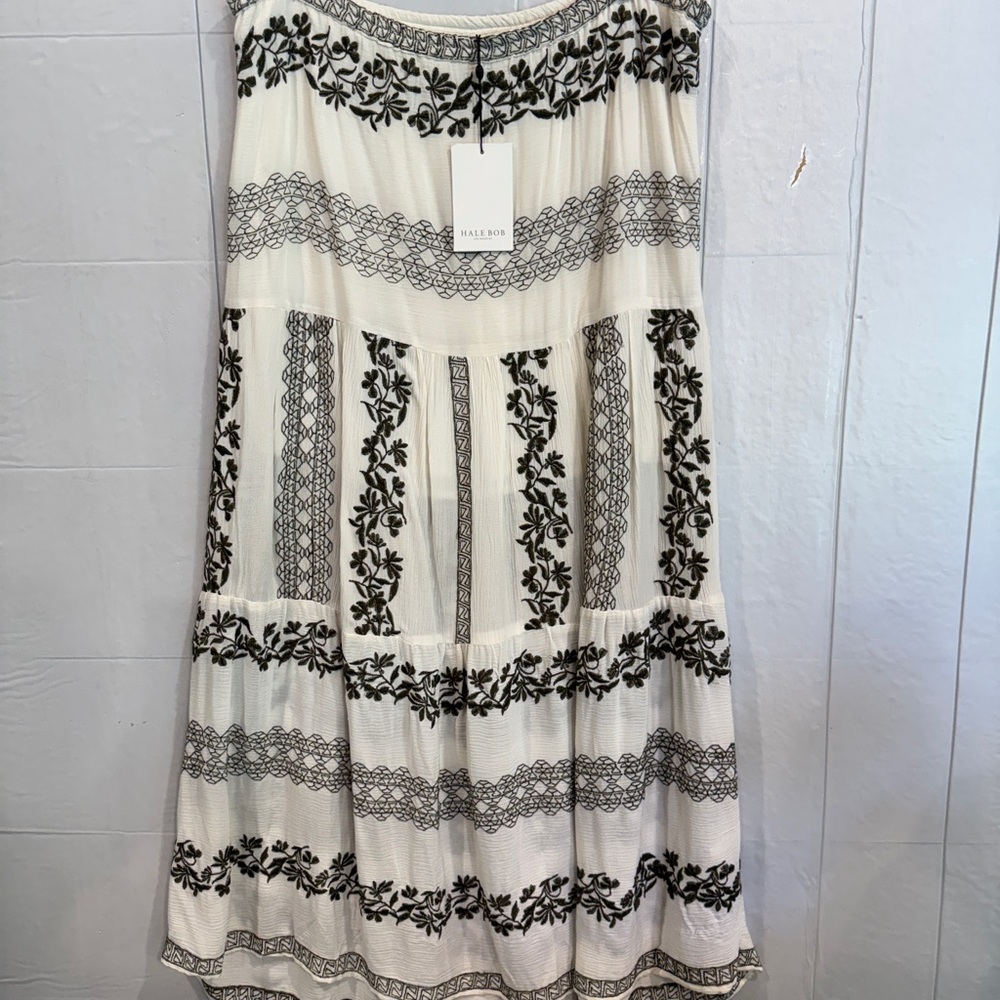 Hale Bob Cream Green Embroidery Gauze Regan Maxi Skirt
